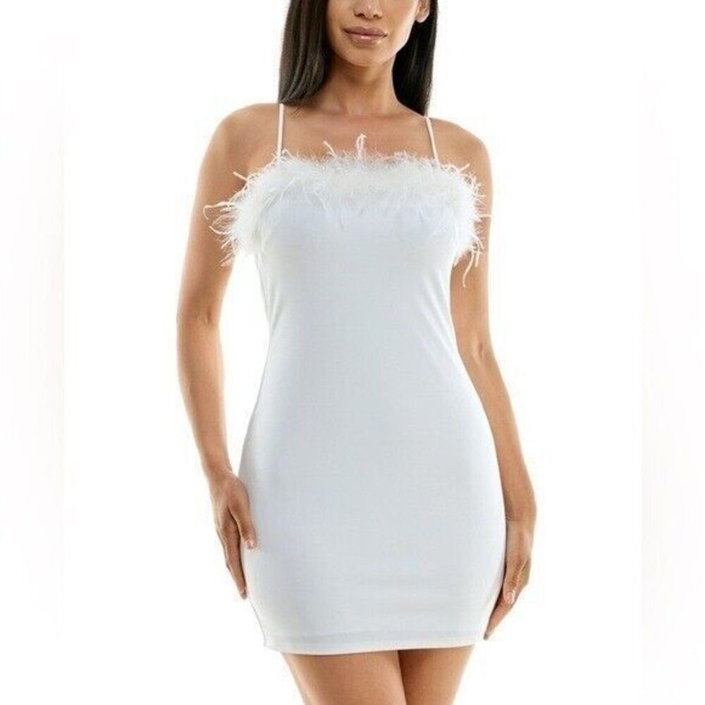 B DARLIN Juniors' Feather-Trim Bodycon Scuba Crepe Minidress, women’ size 7/8